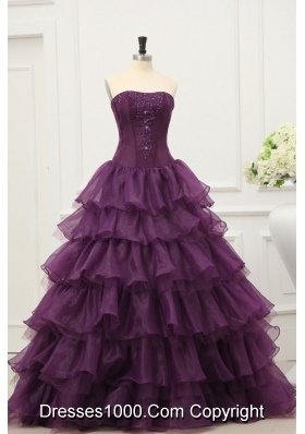 Ruffled Layeres Quinceanera Dress in Dark Purple with Beading