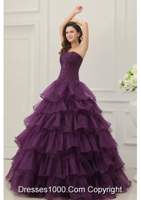 Ruffled Layeres Quinceanera Dress in Dark Purple with Beading