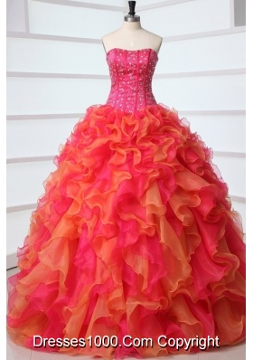 Strapless Floor-length Ruffled Hot Pink and Orange Quinceanera Gowns