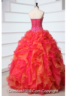 Strapless Floor-length Ruffled Hot Pink and Orange Quinceanera Gowns