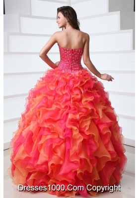 Strapless Floor-length Ruffled Hot Pink and Orange Quinceanera Gowns