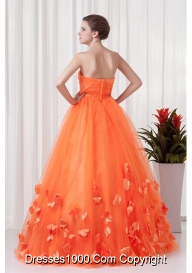 Orange Strapless Quinceanera Dress with Hand Made Flowers