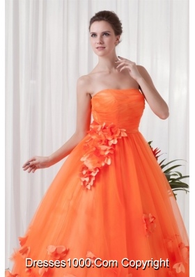 Orange Strapless Quinceanera Dress with Hand Made Flowers