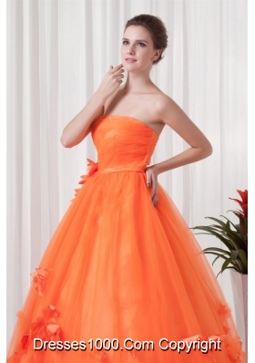 Orange Strapless Quinceanera Dress with Hand Made Flowers