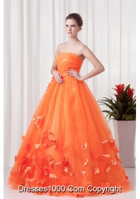 Orange Strapless Quinceanera Dress with Hand Made Flowers