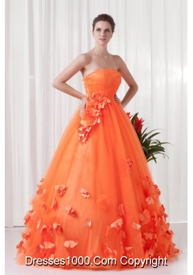 Orange Strapless Quinceanera Dress with Hand Made Flowers