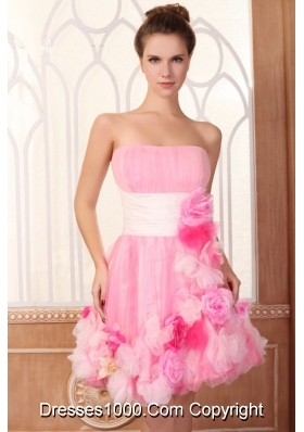 Short Summer Strapless Pink Party Dresses with Hand Made Flowers