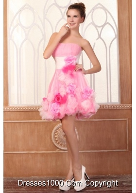 Short Summer Strapless Pink Party Dresses with Hand Made Flowers