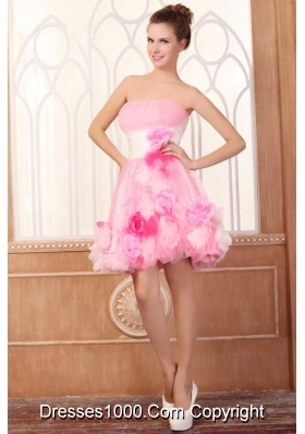 Short Summer Strapless Pink Party Dresses with Hand Made Flowers