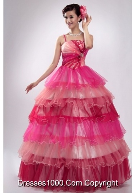 Spaghetti Straps Ruffled Layers Organza Quinceanera Party Dress