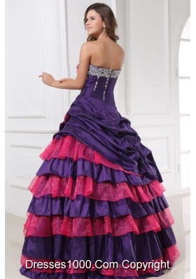 Eggplant Purple Ball Gown Sweetheart Beaded and Tiered Sweet-15 Dresses