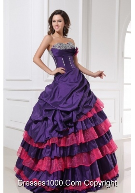 Eggplant Purple Ball Gown Sweetheart Beaded and Tiered Sweet-15 Dresses