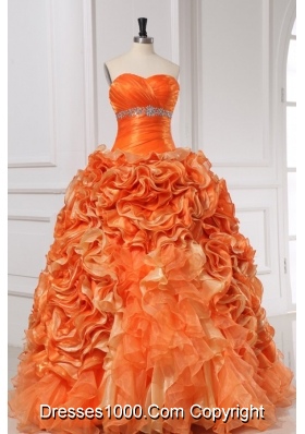 Orange Sweetheart Quinceanera Gown with Beading and Rolling Flowers