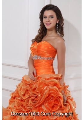 Orange Sweetheart Quinceanera Gown with Beading and Rolling Flowers