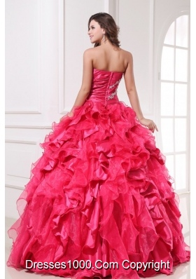 Long Hot Pink Quinceanera Party Dress with Beading and Ruffles