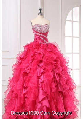 Long Hot Pink Quinceanera Party Dress with Beading and Ruffles