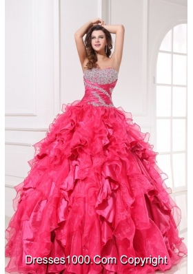 Long Hot Pink Quinceanera Party Dress with Beading and Ruffles