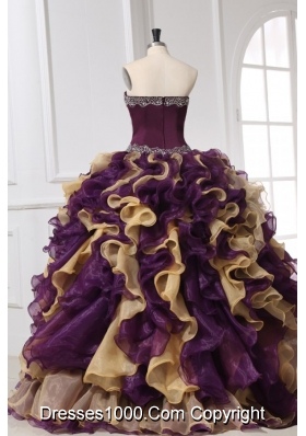 Sweetheart Purple with Gold Beaded and Ruffled Quinceanera Gown