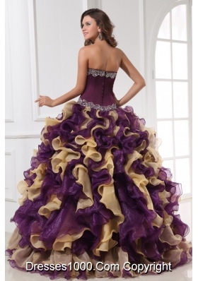 Sweetheart Purple with Gold Beaded and Ruffled Quinceanera Gown