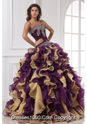 Sweetheart Purple with Gold Beaded and Ruffled Quinceanera Gown