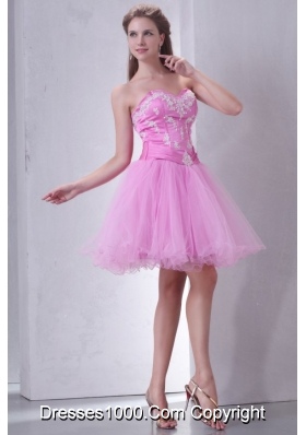 Mini-length Sweetheart Rose Pink Appliqued Prom Dress in Tulle