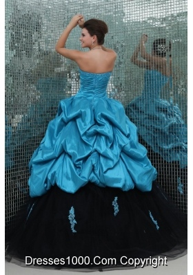 Sassy Aqua Blue and Black Pick Ups and Appliques Sweet 16 Dress