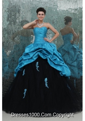 Sassy Aqua Blue and Black Pick Ups and Appliques Sweet 16 Dress