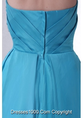 Aqua Blue Empire Strapless Tea-length Prom Gown with Beading