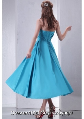 Aqua Blue Empire Strapless Tea-length Prom Gown with Beading