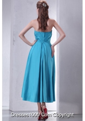 Aqua Blue Empire Strapless Tea-length Prom Gown with Beading