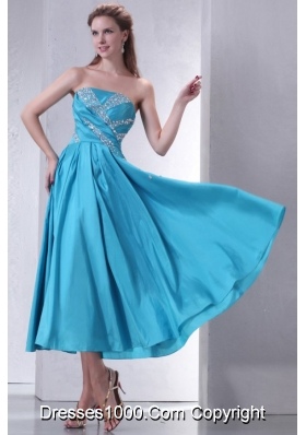 Aqua Blue Empire Strapless Tea-length Prom Gown with Beading