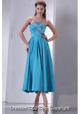Aqua Blue Empire Strapless Tea-length Prom Gown with Beading