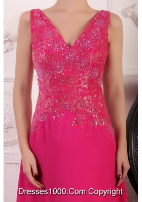 Sleeveless Empire Waist V-neck Embellished Hot Pink Prom Dress