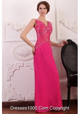 Sleeveless Empire Waist V-neck Embellished Hot Pink Prom Dress