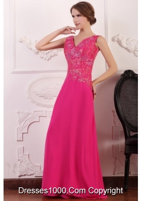 Sleeveless Empire Waist V-neck Embellished Hot Pink Prom Dress