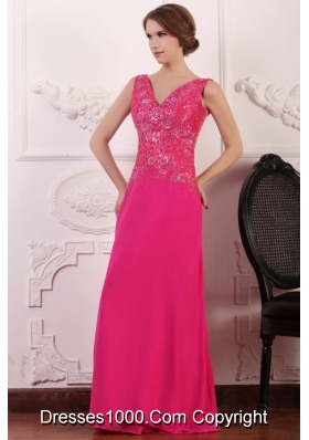 Sleeveless Empire Waist V-neck Embellished Hot Pink Prom Dress