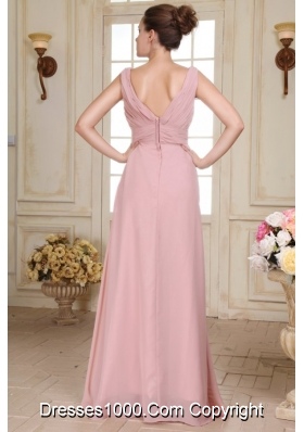 Empire Ruched Chiffon Evening Dress in Pink with V-neck Straps