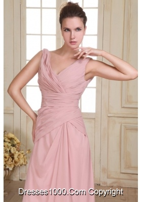 Empire Ruched Chiffon Evening Dress in Pink with V-neck Straps