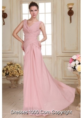 Empire Ruched Chiffon Evening Dress in Pink with V-neck Straps