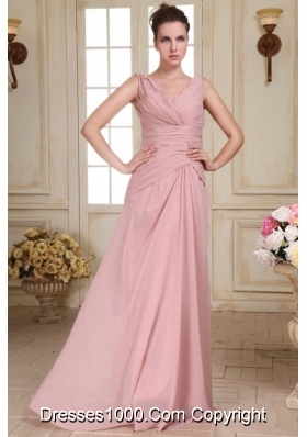 Empire Ruched Chiffon Evening Dress in Pink with V-neck Straps