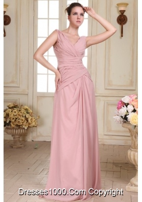 Empire Ruched Chiffon Evening Dress in Pink with V-neck Straps