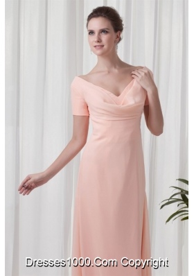 Floor-length V-neck Baby Pink Prom Dress with Short Sleeves