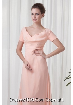 Floor-length V-neck Baby Pink Prom Dress with Short Sleeves