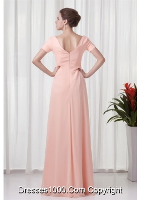 Floor-length V-neck Baby Pink Prom Dress with Short Sleeves