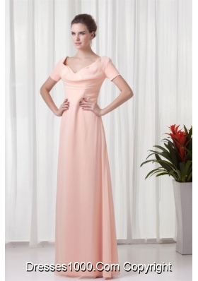 Floor-length V-neck Baby Pink Prom Dress with Short Sleeves