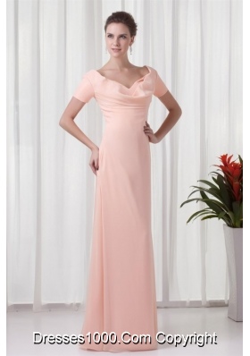 Floor-length V-neck Baby Pink Prom Dress with Short Sleeves
