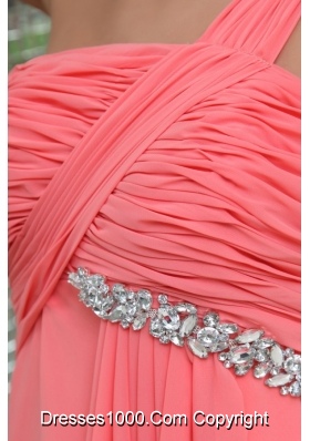 Best Seller One Shoulder Watermelon Prom Dress with Ruche and Beading