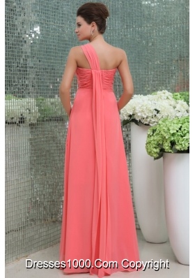 Best Seller One Shoulder Watermelon Prom Dress with Ruche and Beading