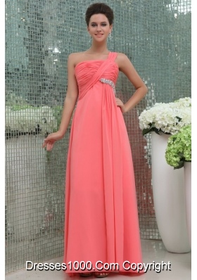 Best Seller One Shoulder Watermelon Prom Dress with Ruche and Beading