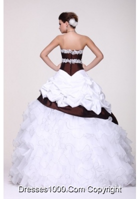 White and Brown Organza and Taffeta Ruffled Sweet 16 Dresses